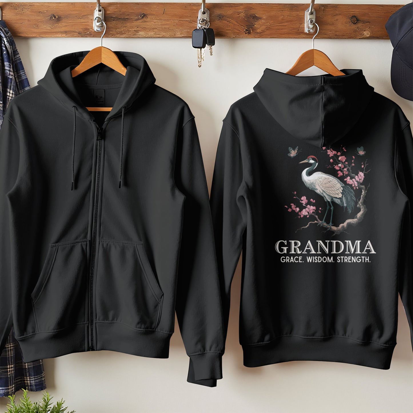 Elegant Black Hoodie with Crane Print Grandma product