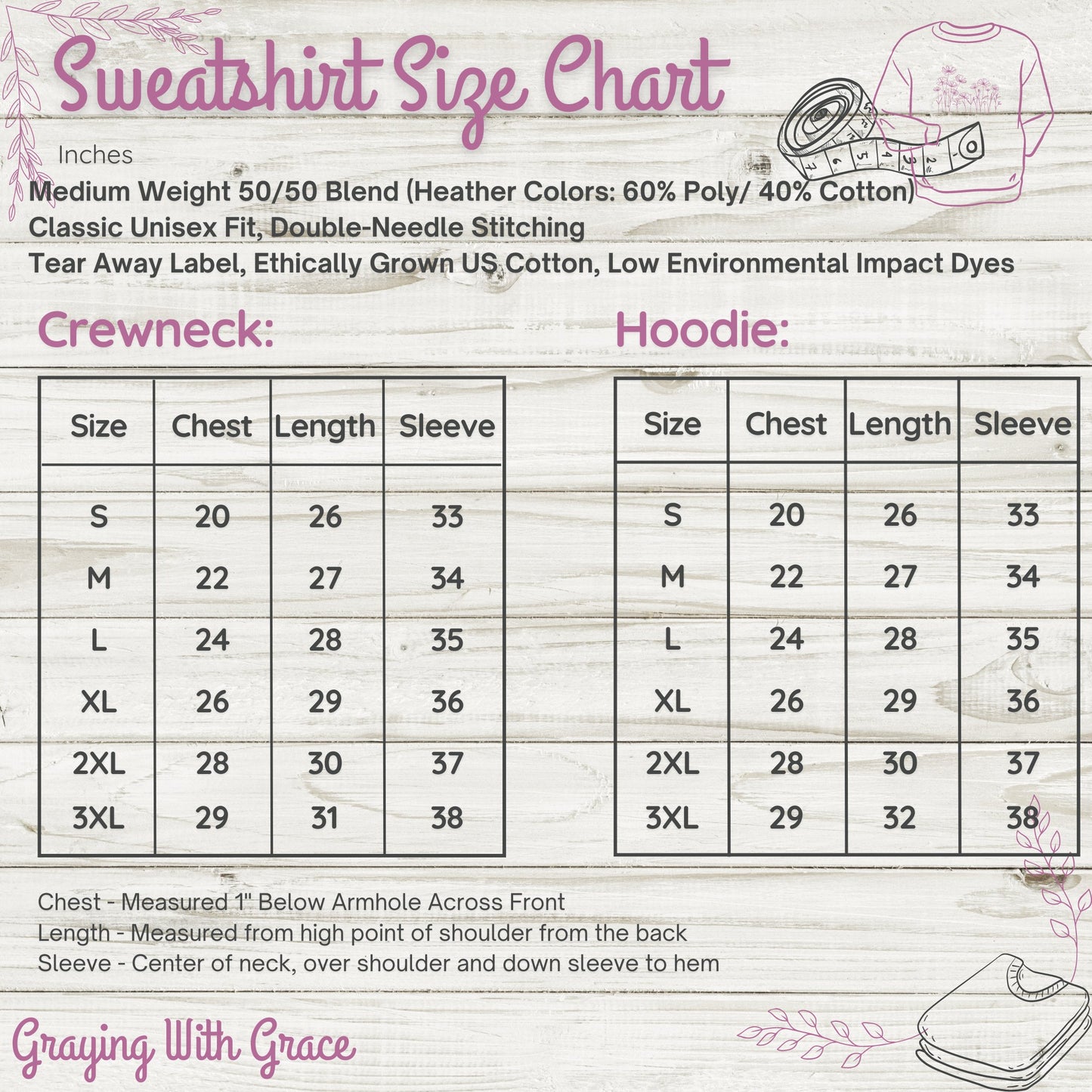 Crewneck Hoodie Size Chart Comfortable Sweatshirt product