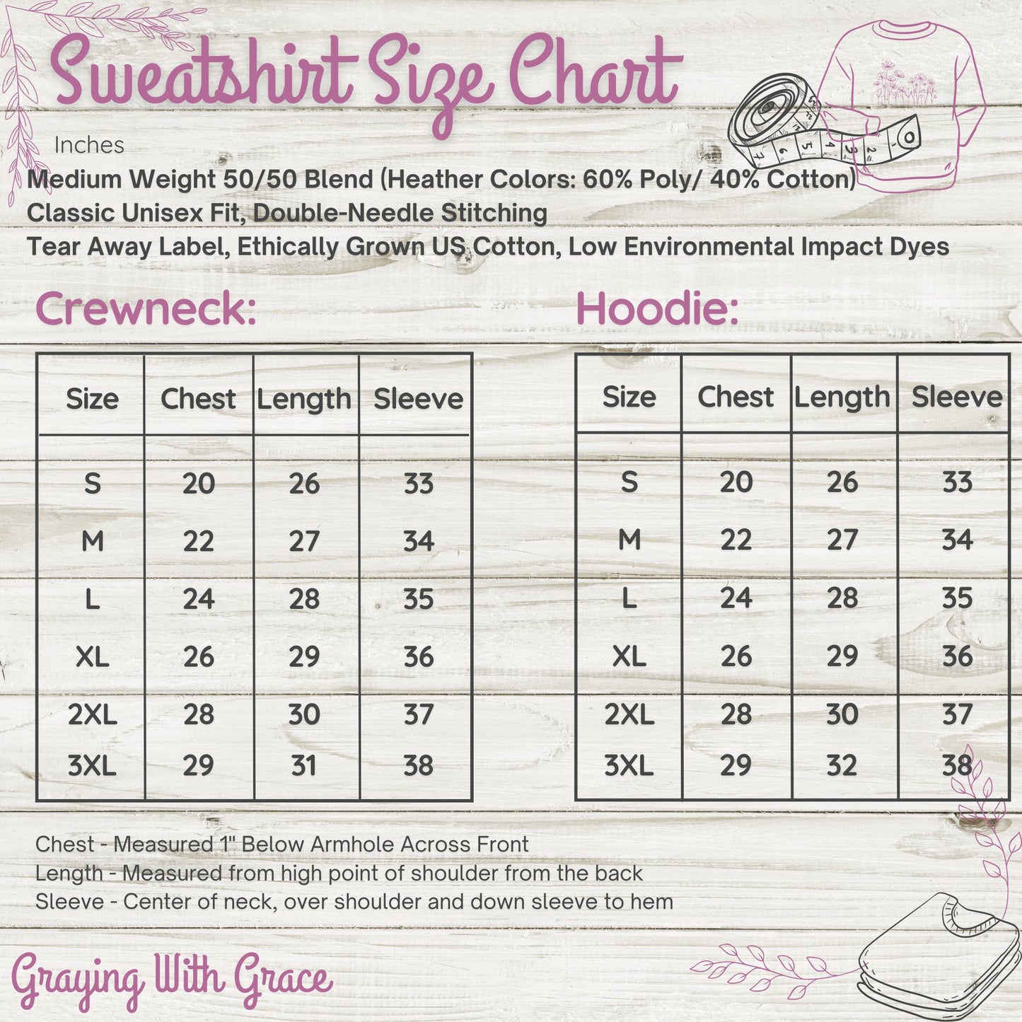 Unisex Sweatshirt Size Chart Crewneck or Hoodie product type