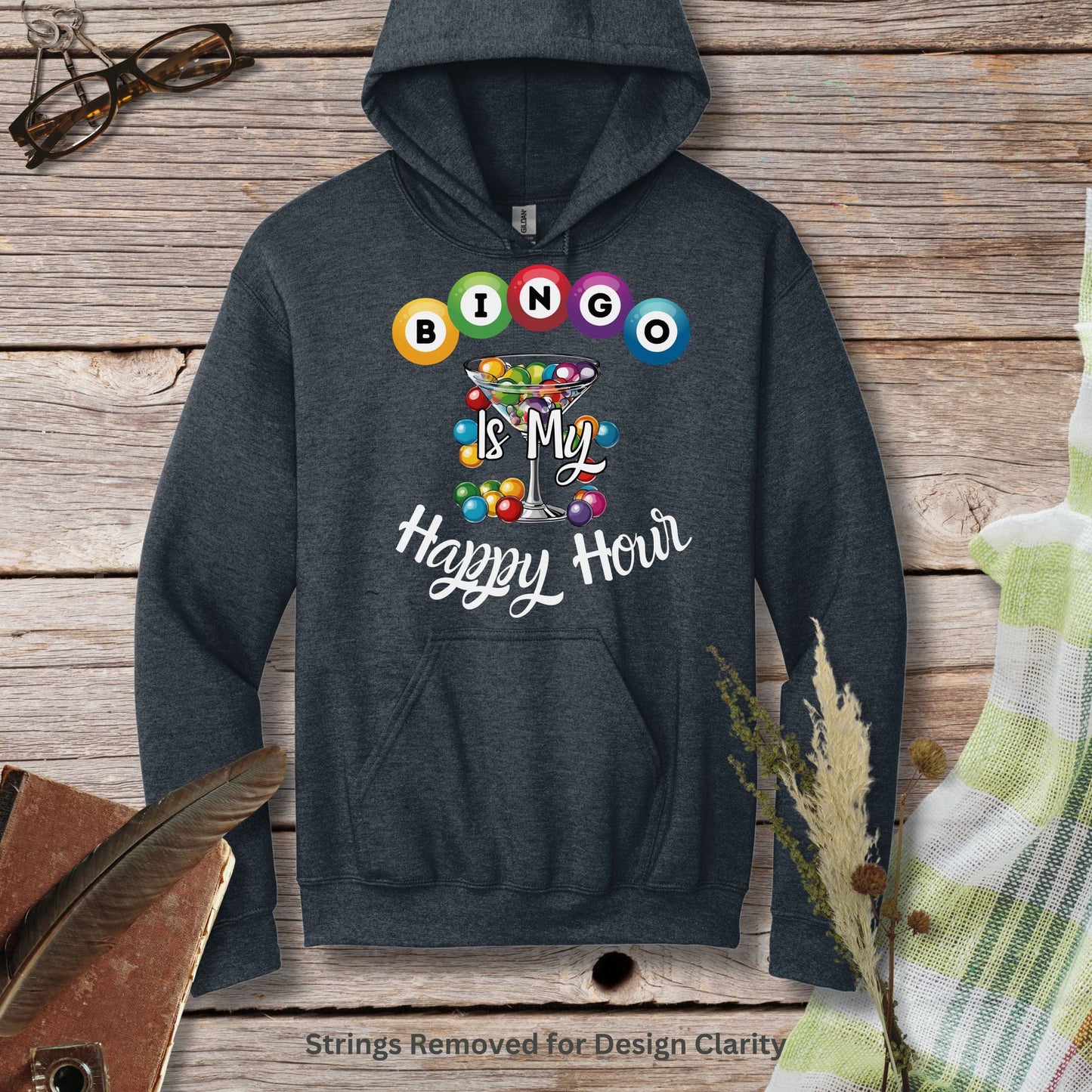 a black hoodie with the words bingo is my happy hour on it