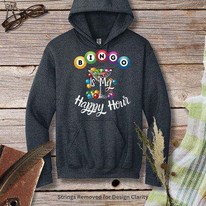 a black hoodie with the words bingo is my happy hour on it