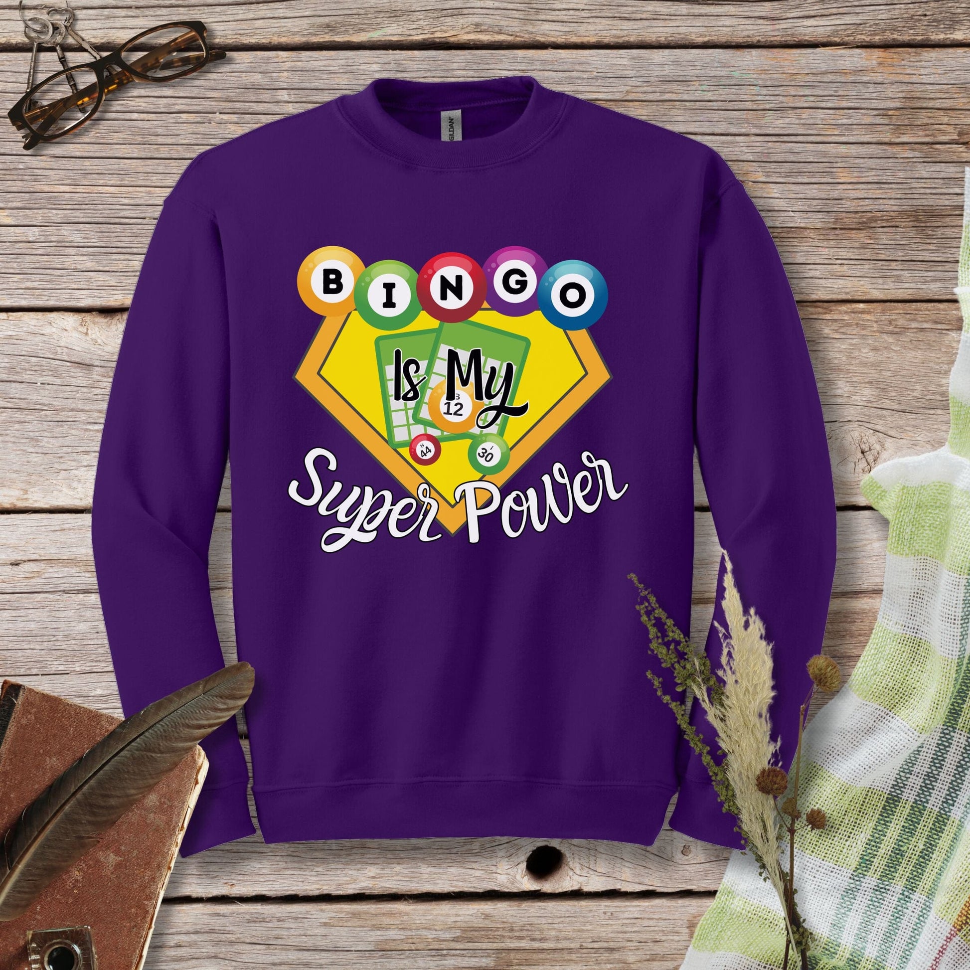 a purple sweatshirt with the words bingo is my super power on it