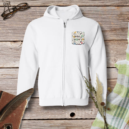 a white hoodie with the word bingo on it