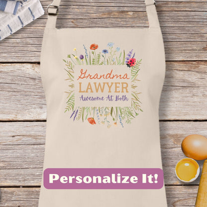 an apron with the words grandma's lawer on it