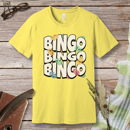 a yellow t - shirt with the words bingo bingo on it