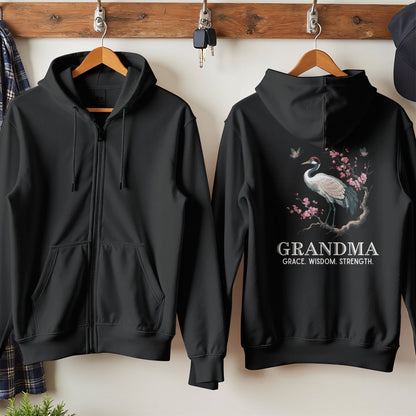 Elegant Black Hoodie with Crane Print Grandma product