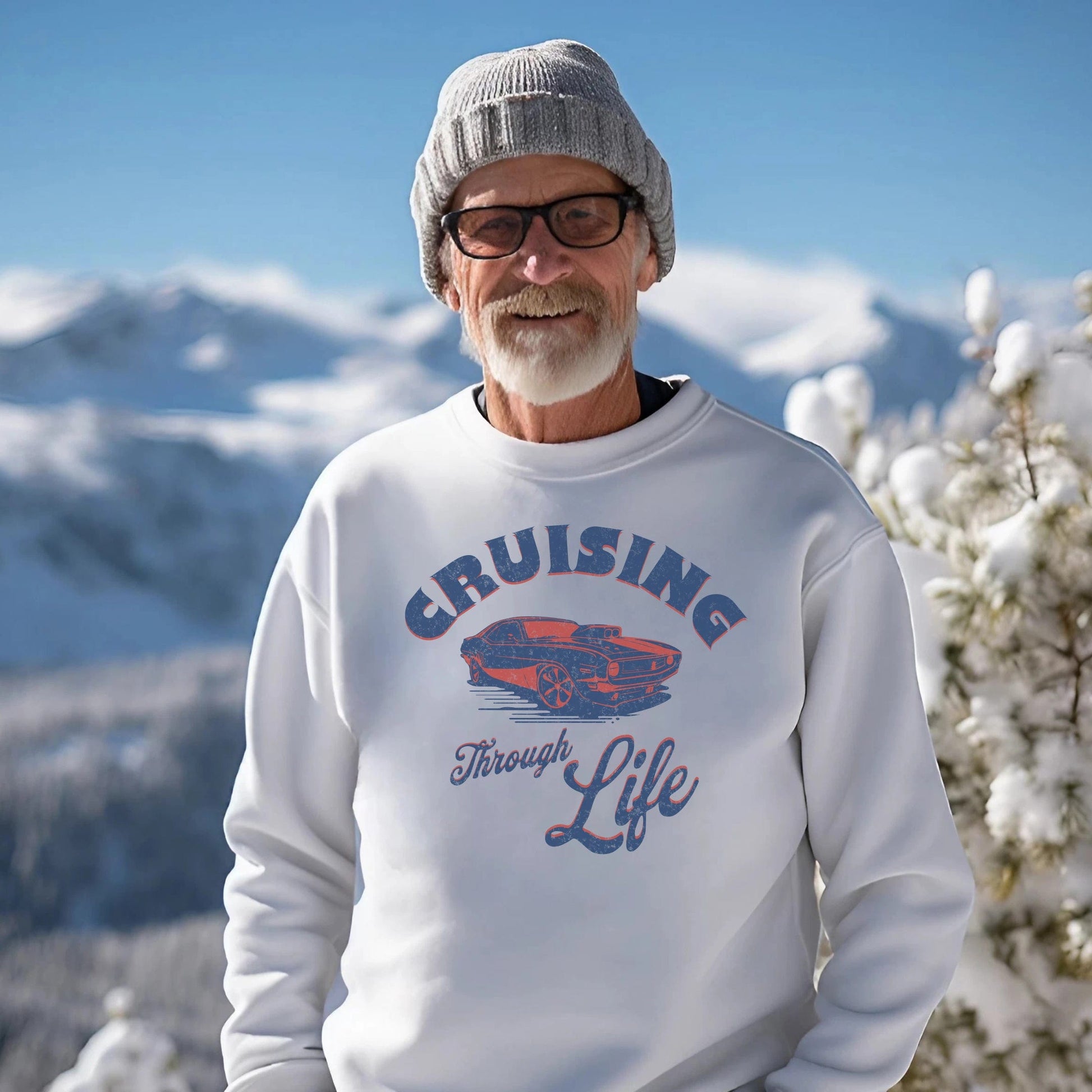 a man wearing a white sweatshirt and a gray hat