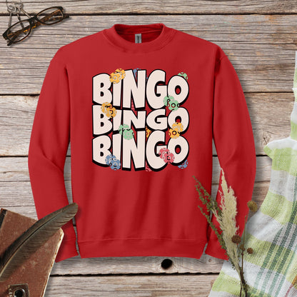 a red sweatshirt with the words bingo bingo on it