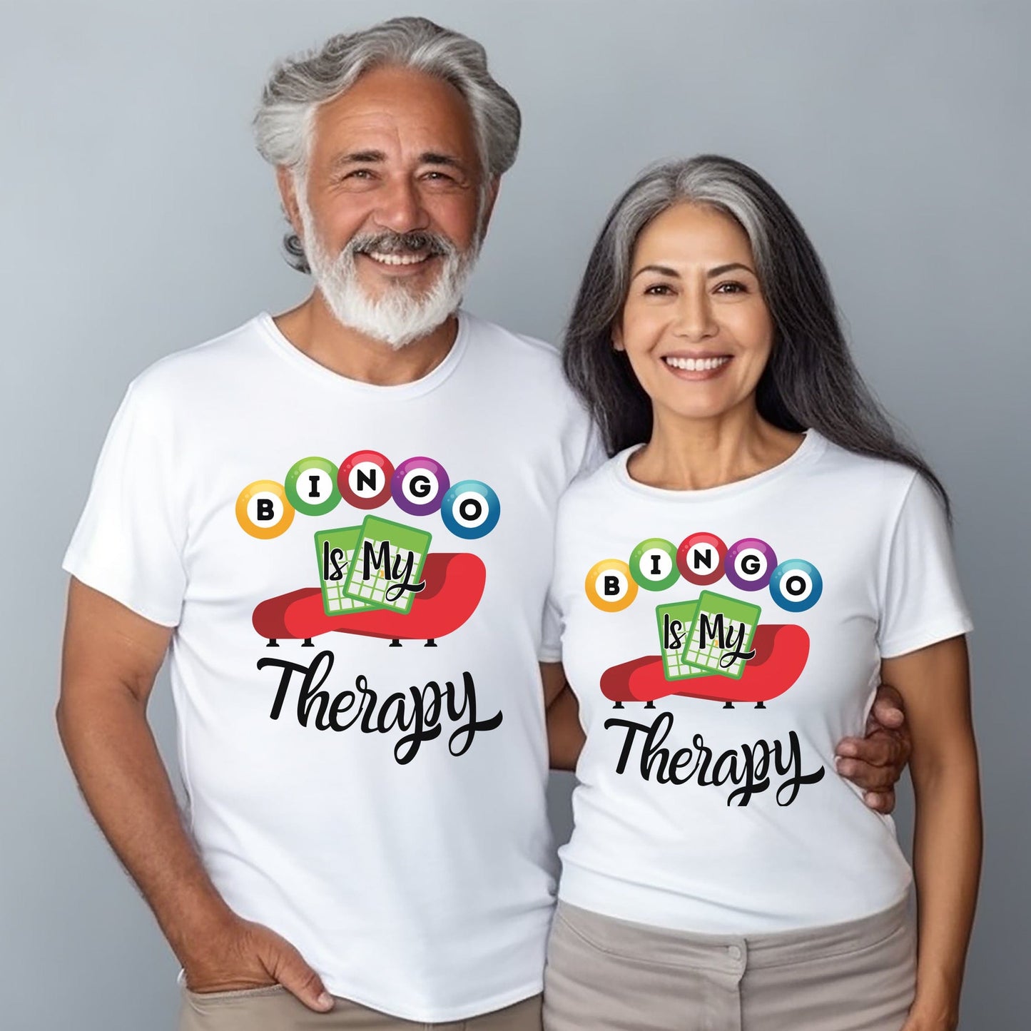 a man and a woman wearing matching tshirts