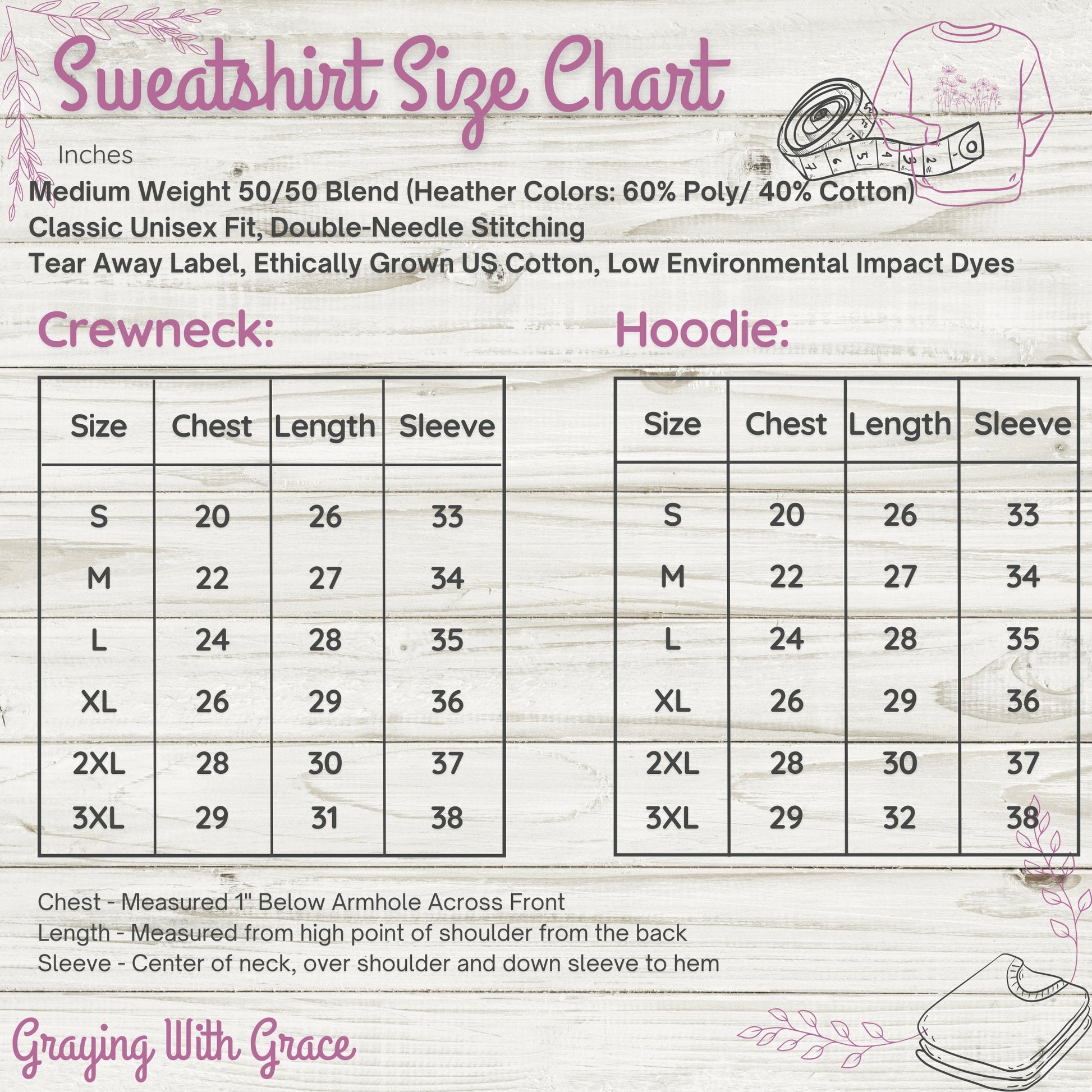 Crewneck Hoodie Size Chart Comfortable Sweatshirt product