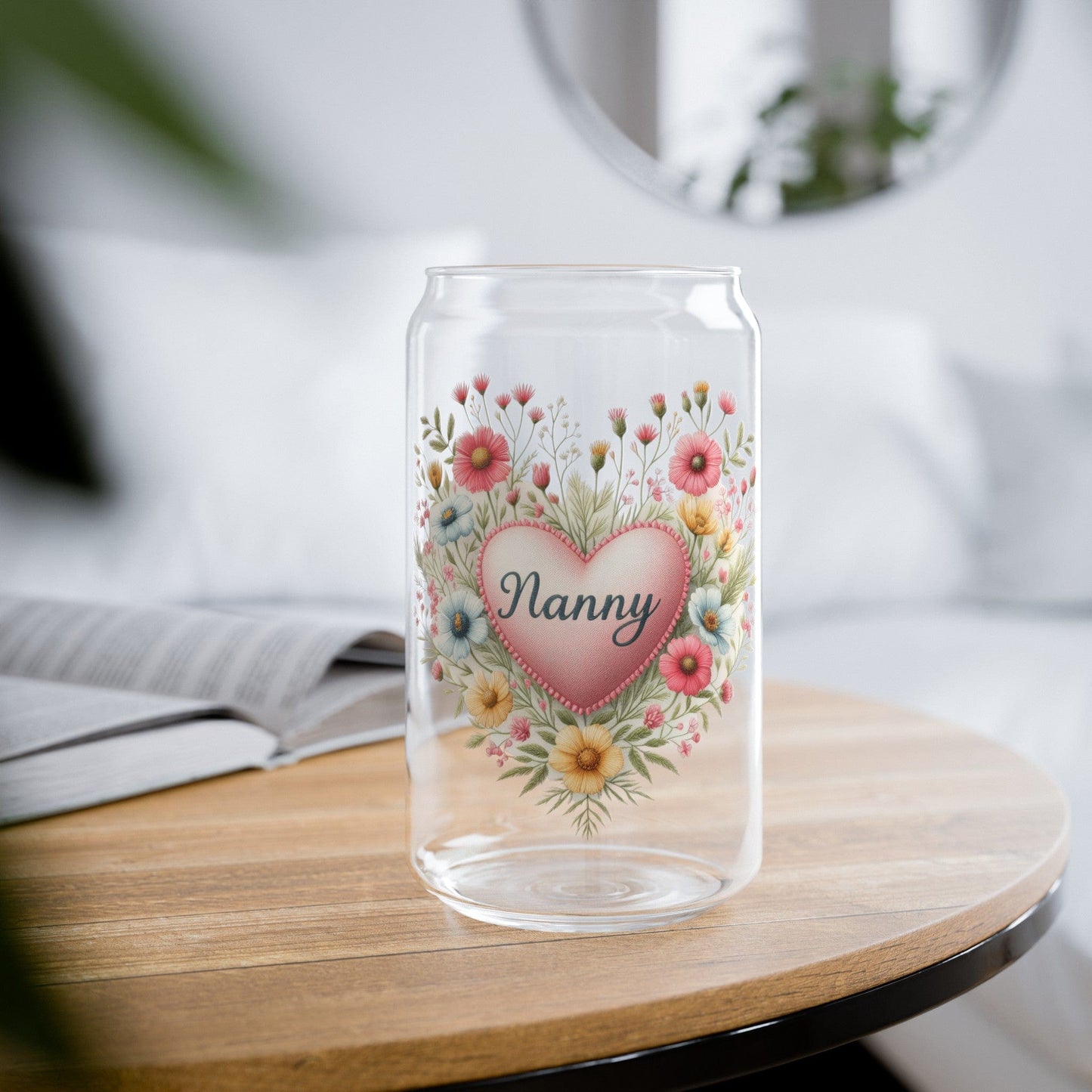 Faux Embroidered Floral Nanny In Heart Sipper Cup