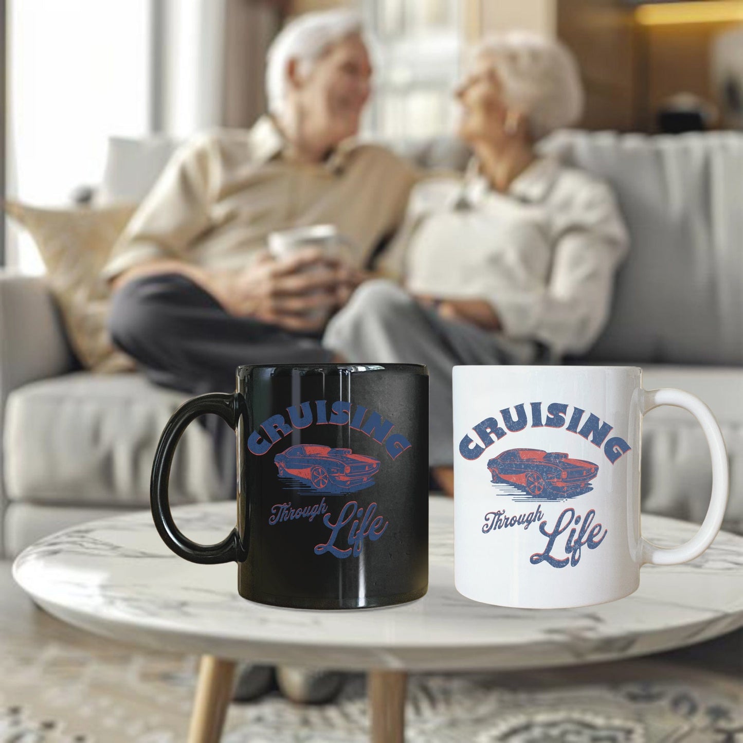 two coffee mugs sitting on a coffee table