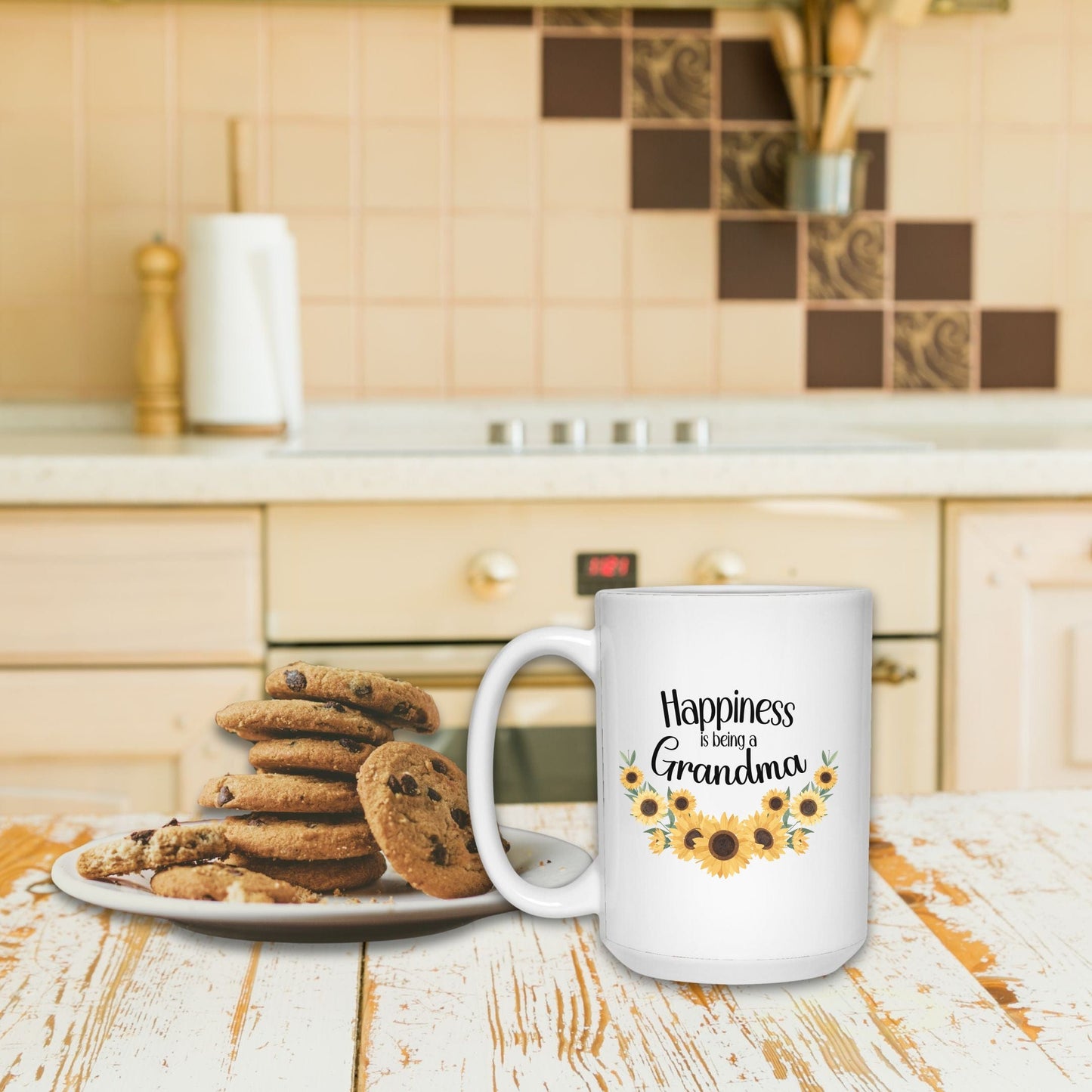 a white coffee mug sitting on top of a wooden table