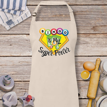 a white apron with a picture of a super power logo on it