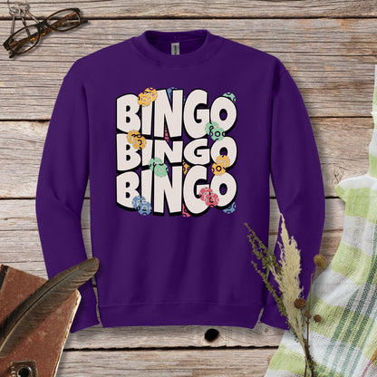 a purple sweatshirt with the words bingo bingo on it