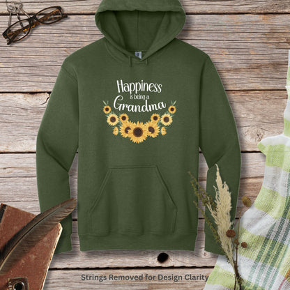 a green hoodie with sunflowers and the words happiness grandma on it