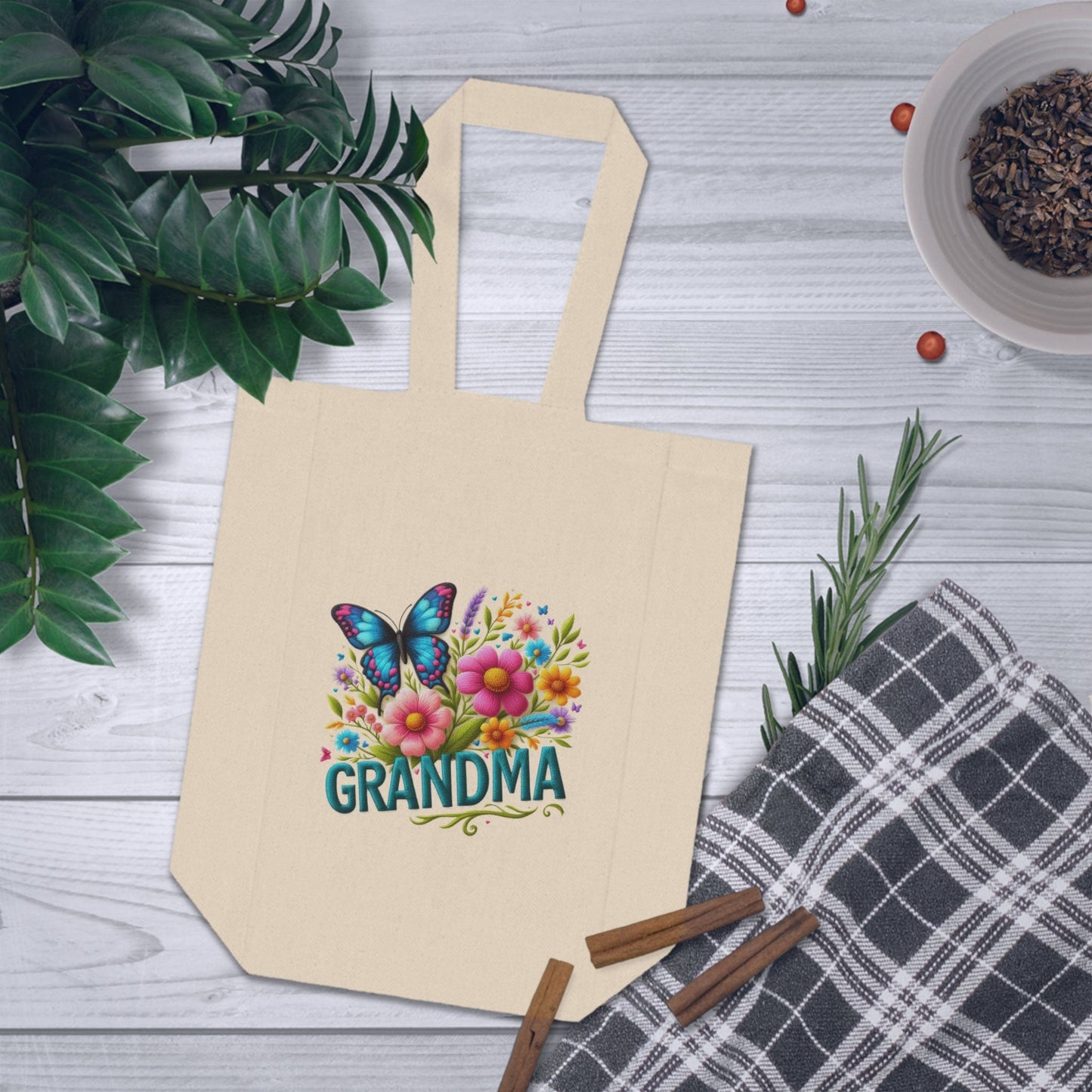 Faux Embroidered Floral Grandma With Butterfly Double Wine Shopping Tote Bag