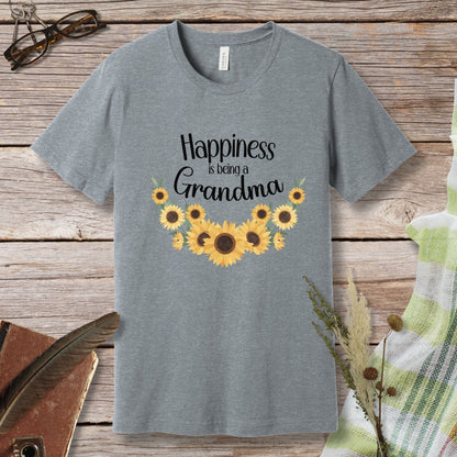 a gray t - shirt with sunflowers and the words happiness is being grandma