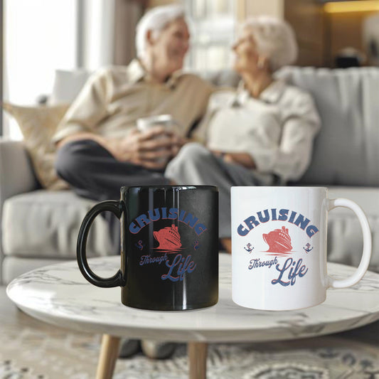 two coffee mugs sitting on a coffee table