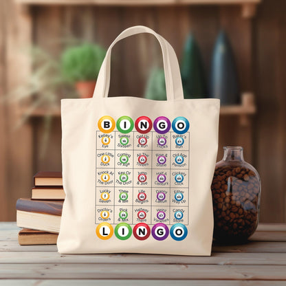 a tote bag sitting on top of a wooden table