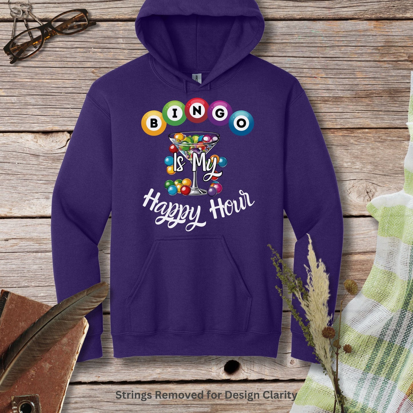 a purple hoodie with a happy hour design on it