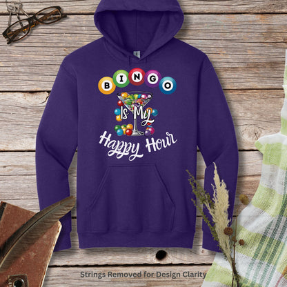 a purple hoodie with a happy hour design on it