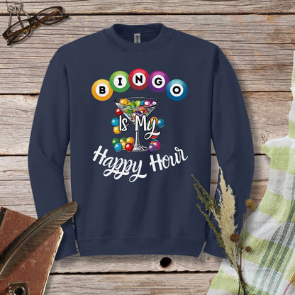 a sweatshirt that says bingo is my happy hour