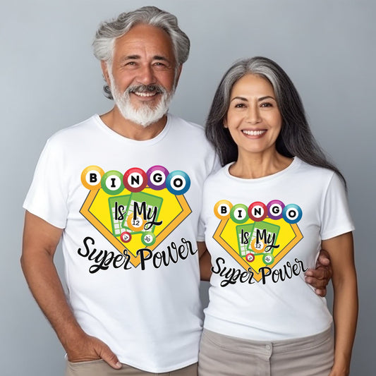 a man and a woman wearing matching t - shirts