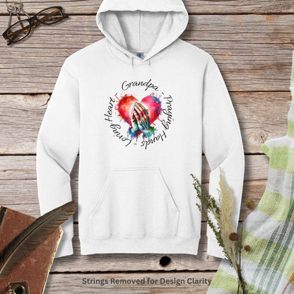 a white hoodie with a heart and two hands on it