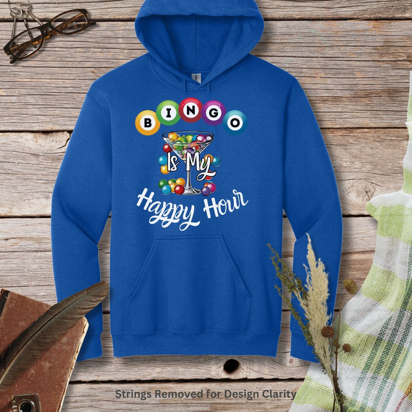 a blue hoodie with the words happy hour on it