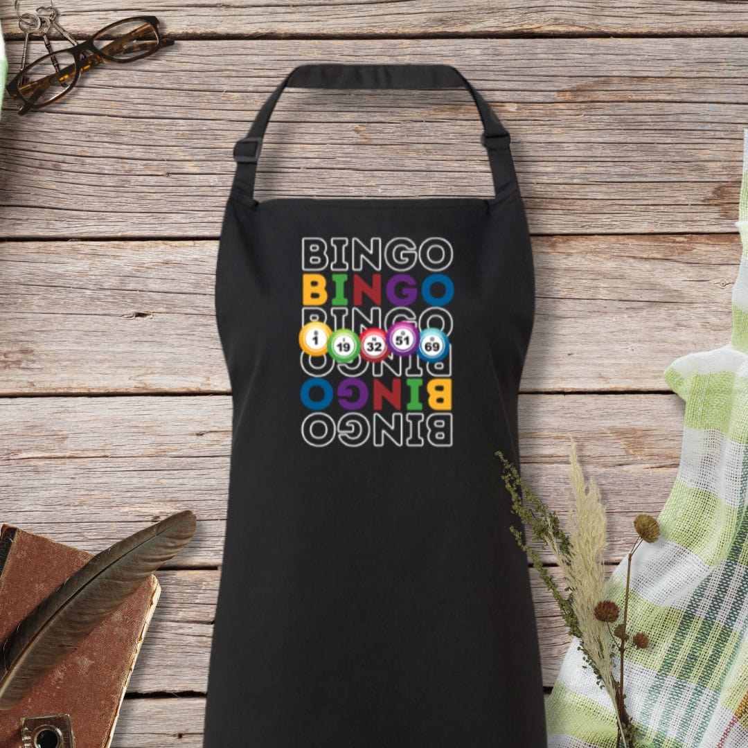 a black apron with the words bingo bingo on it