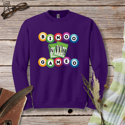 a purple sweatshirt with the words bingo is my game on it