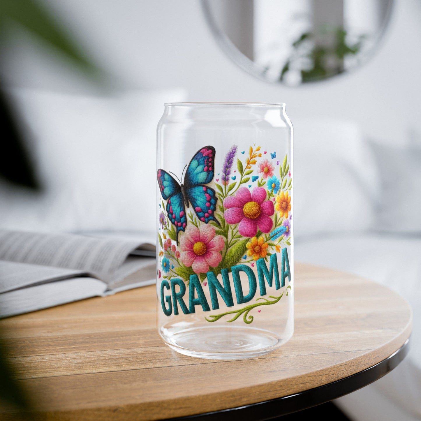 Faux Embroidered Floral Grandma With Butterfly Sipper Cup