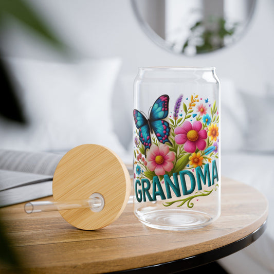 Faux Embroidered Floral Grandma With Butterfly Sipper Cup