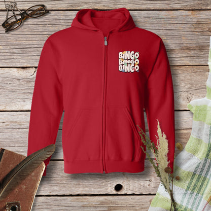 a red hoodie with the words bingo bingo on it