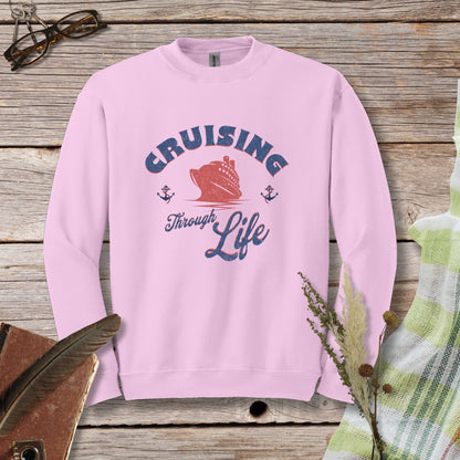 a pink sweatshirt with cruising through life on it