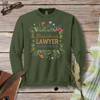 a green sweatshirt with the words grandma's lawer on it