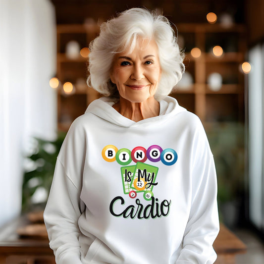 an older woman wearing a white hoodie that says it's my cardio