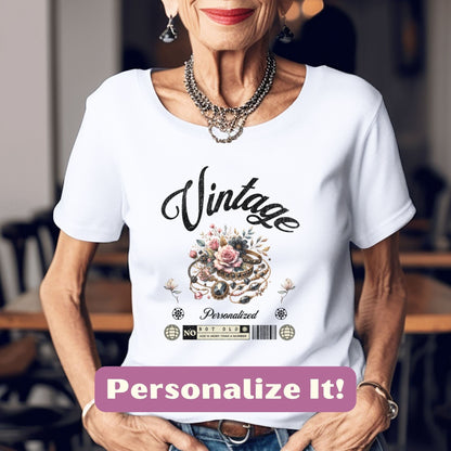 an older woman wearing a white t - shirt with the words vintage personalize it