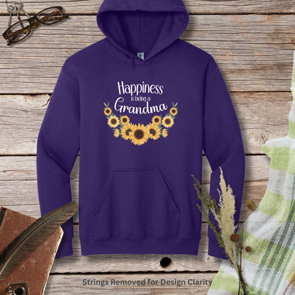 a purple hoodie with sunflowers and the words happiness is grandma on it