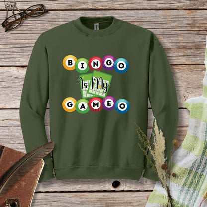 a green sweatshirt with the words bingo is my game on it