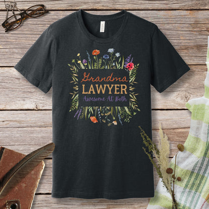 a black t - shirt with the words grandma's lawyer surrounded by flowers