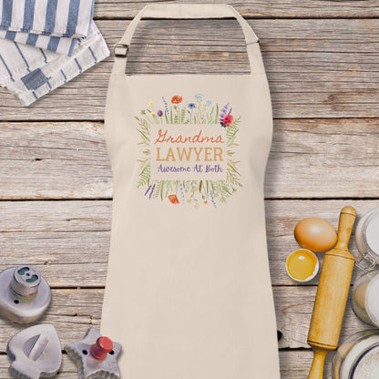 a personalized apron with the words grandma's lawyer on it