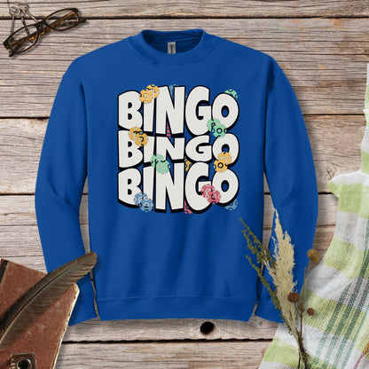 a blue sweatshirt with the words bingo bingo on it