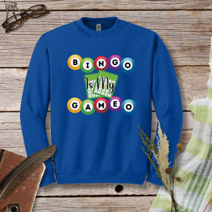 a blue sweatshirt with a game design on it