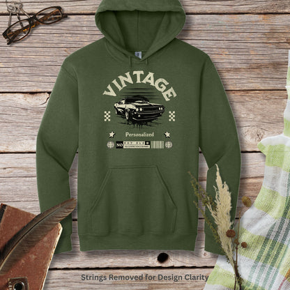 a green hoodie with a picture of a car on it