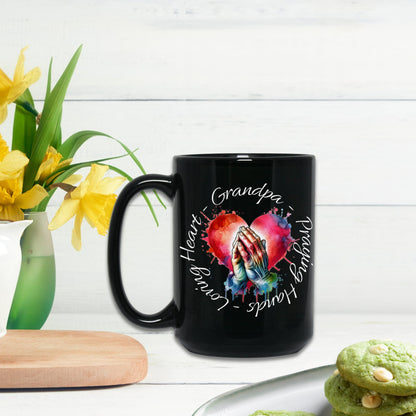 a black coffee mug sitting on top of a table