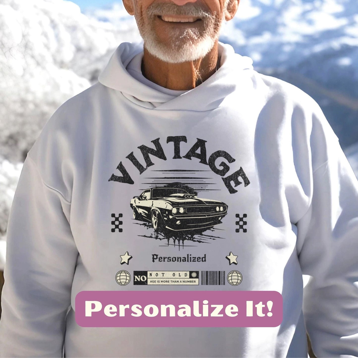 an old man wearing a white hoodie with a picture of a car on it