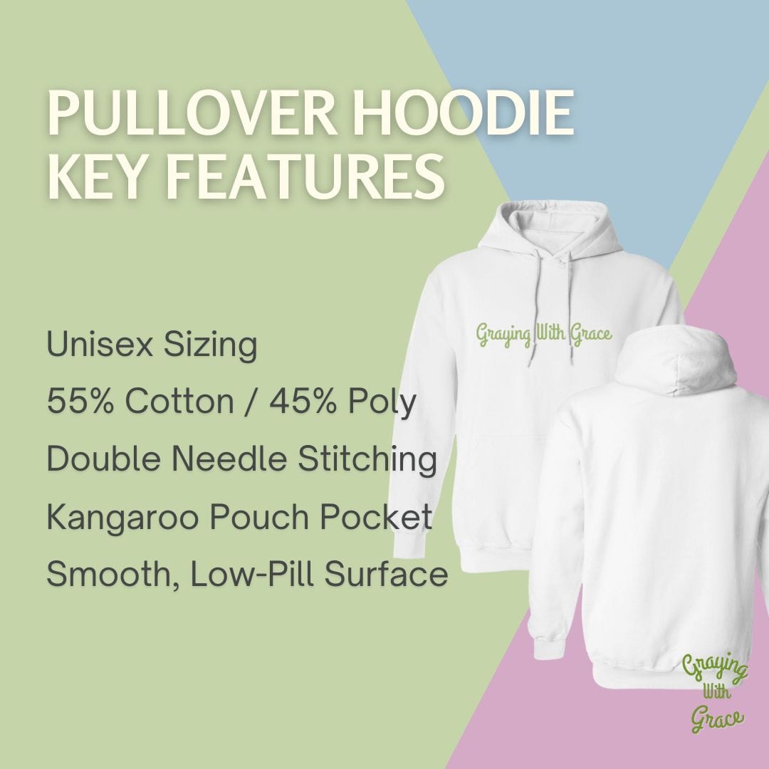 a white pullover hoodie with the words pullover hoodie key features