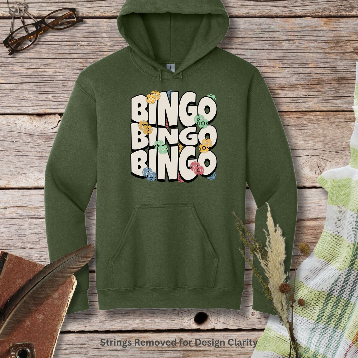 a green hoodie with the word bingo bingo on it